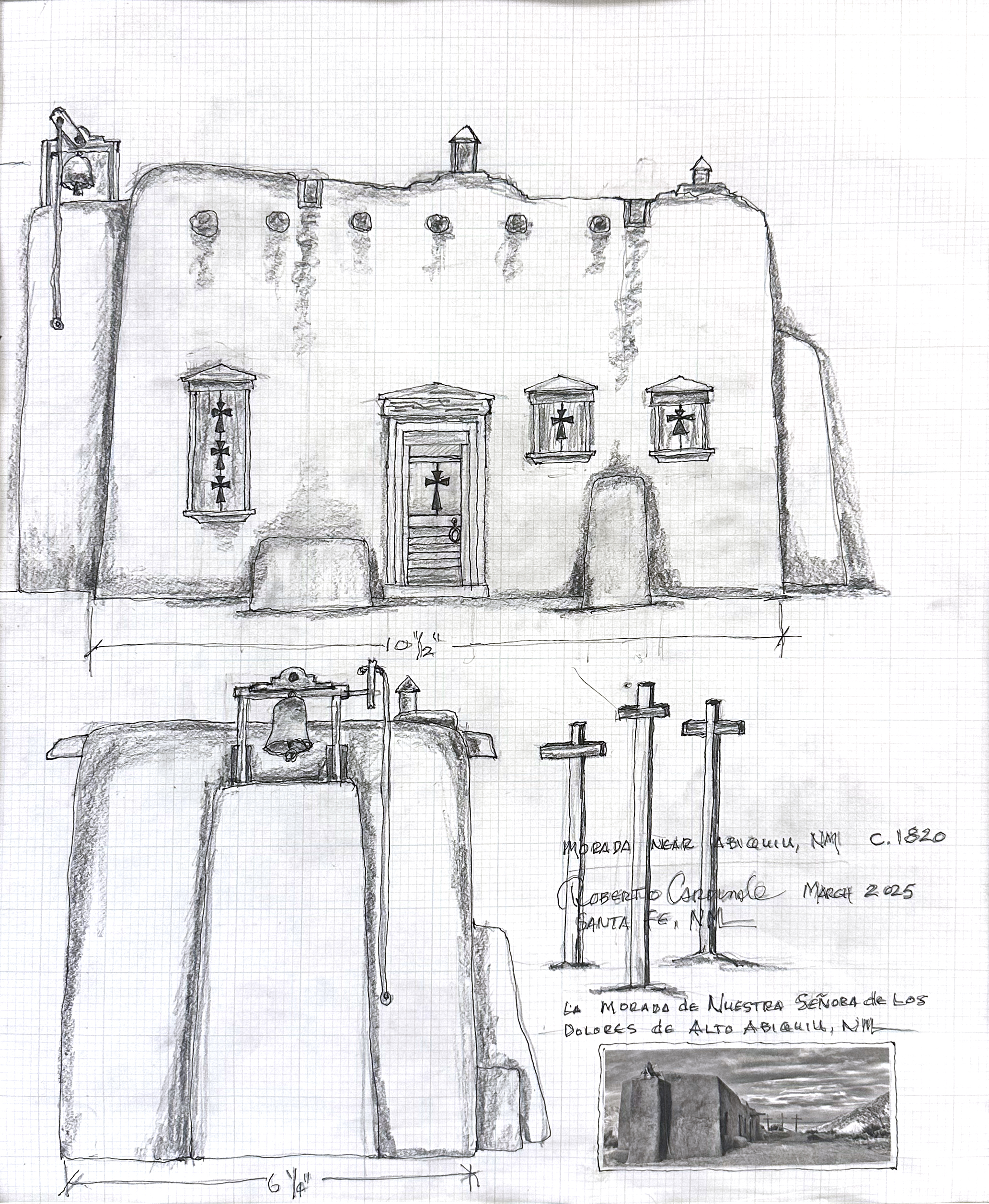 Working drawing of La Morada de Abiquiu, pencil and ink on grid paper