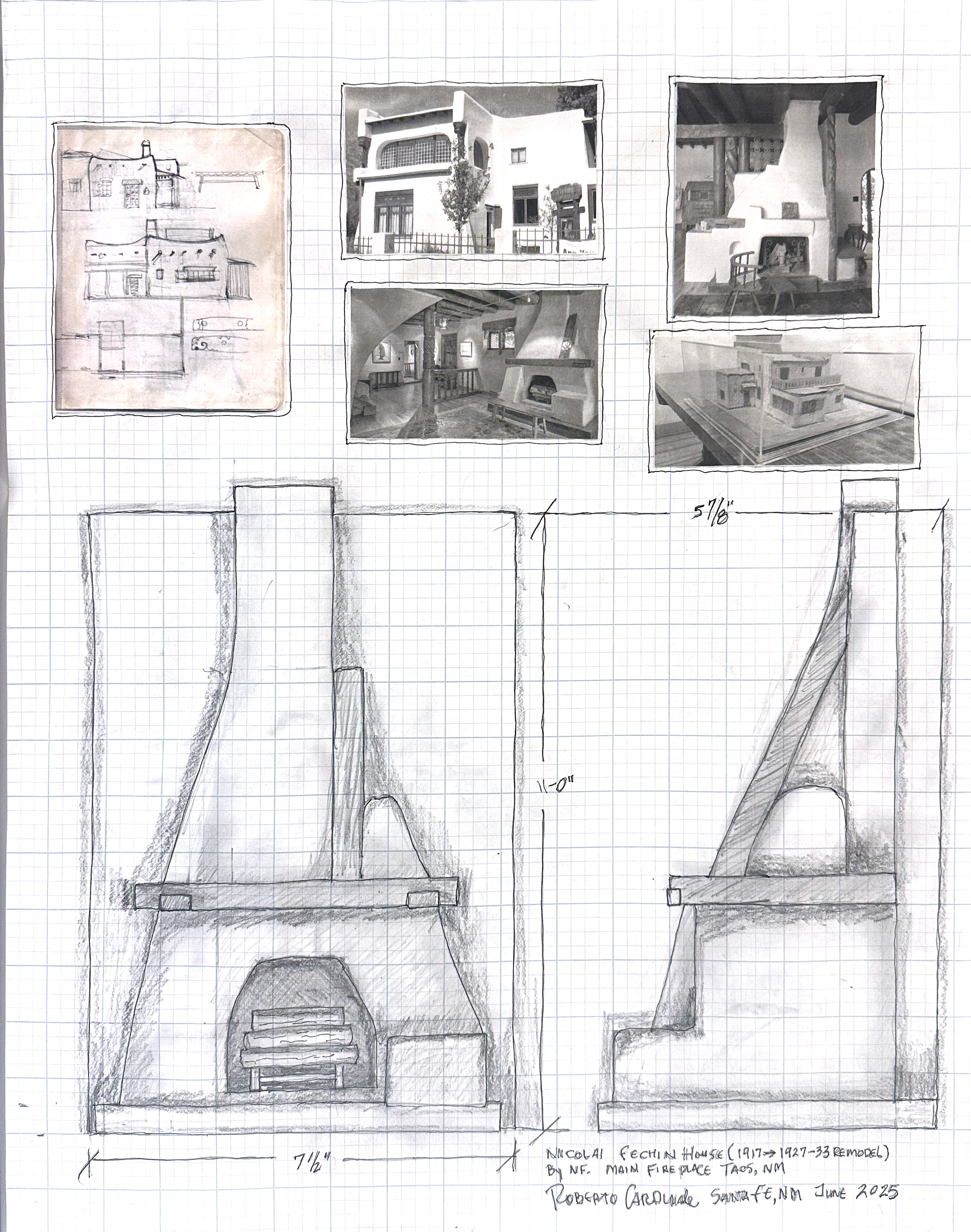 Working drawing of Fechin House Sitting Room Fireplace, pencil and ink on grid paper