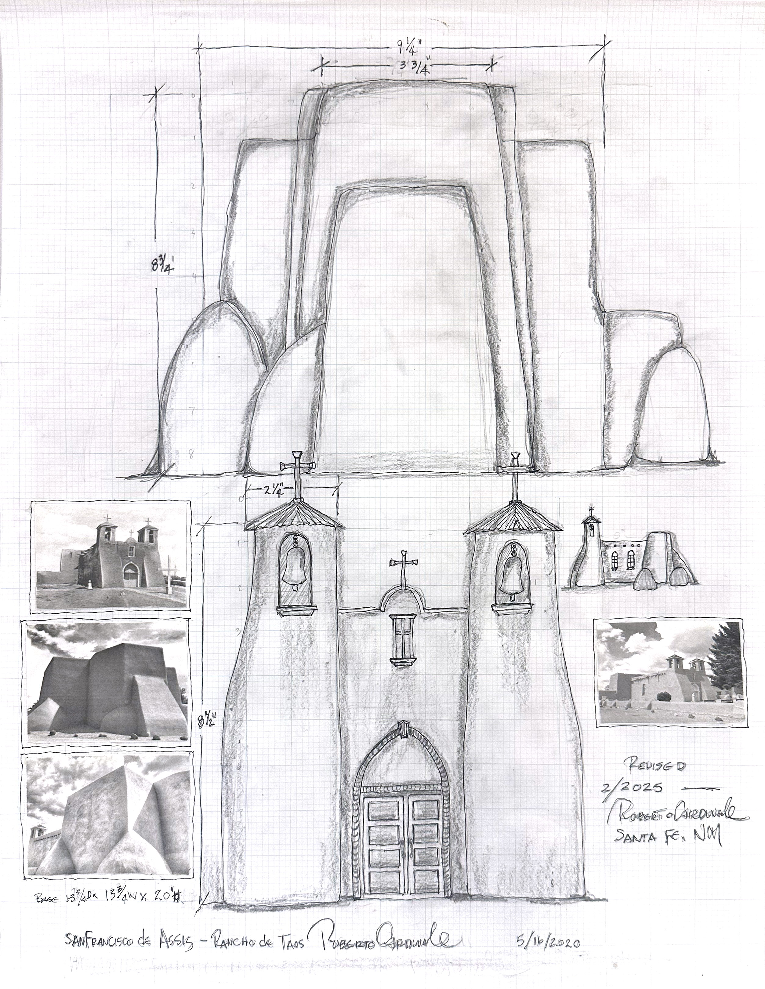 Working drawing of San Francisco de Asis, pencil and ink on grid paper