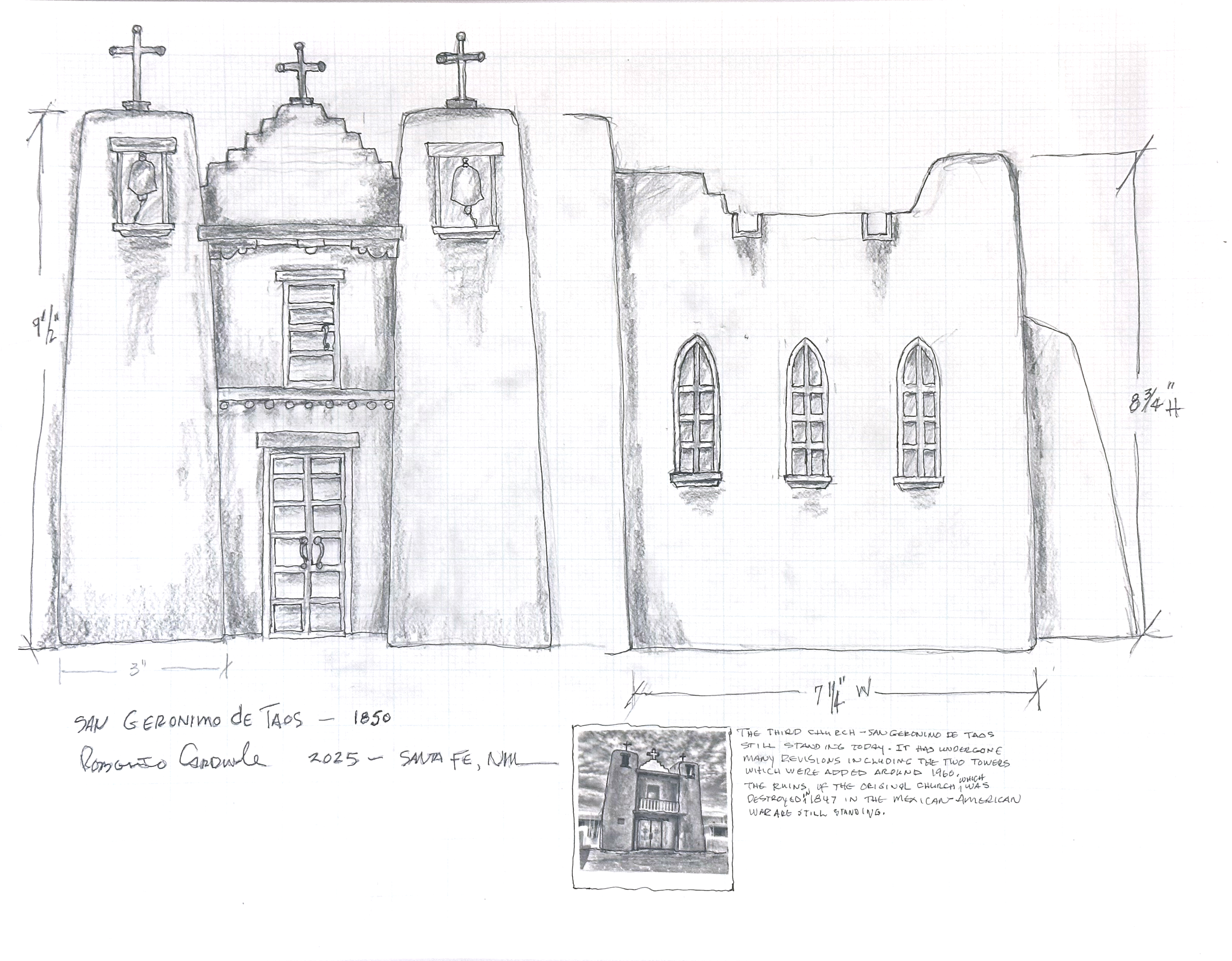 Working drawing of San Geronimo de Taos, pencil and ink on grid paper