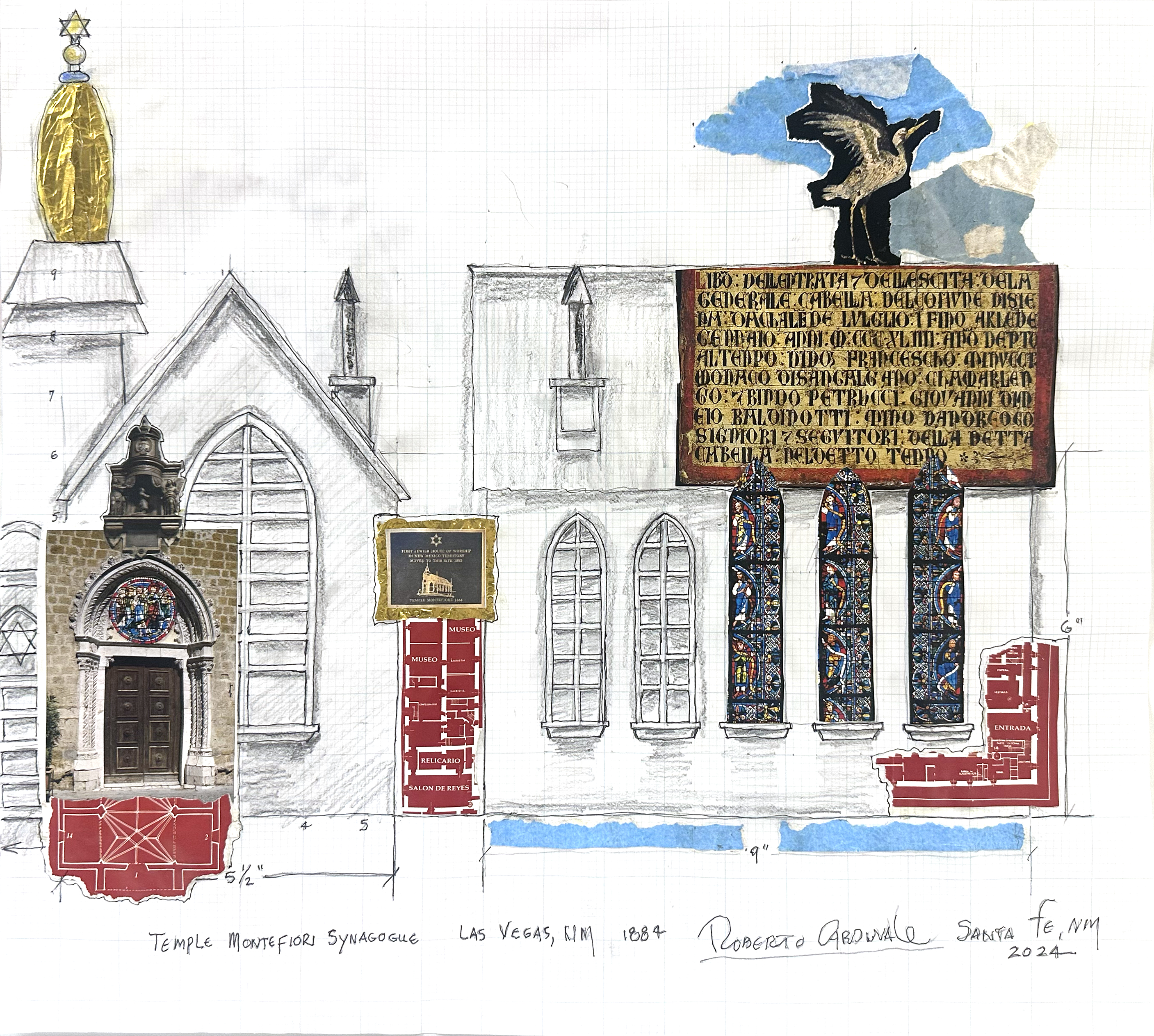 Working drawing of Synagogue Montefiore, pencil and ink on grid paper